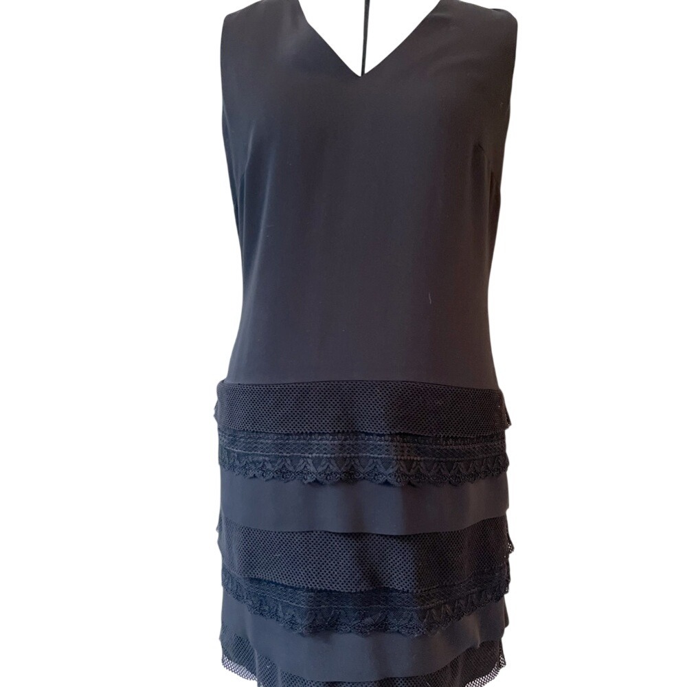 Calvin Klein Womens Black V-Neck Lace Mesh Tiered Sleeveless Shift Dress Size 10